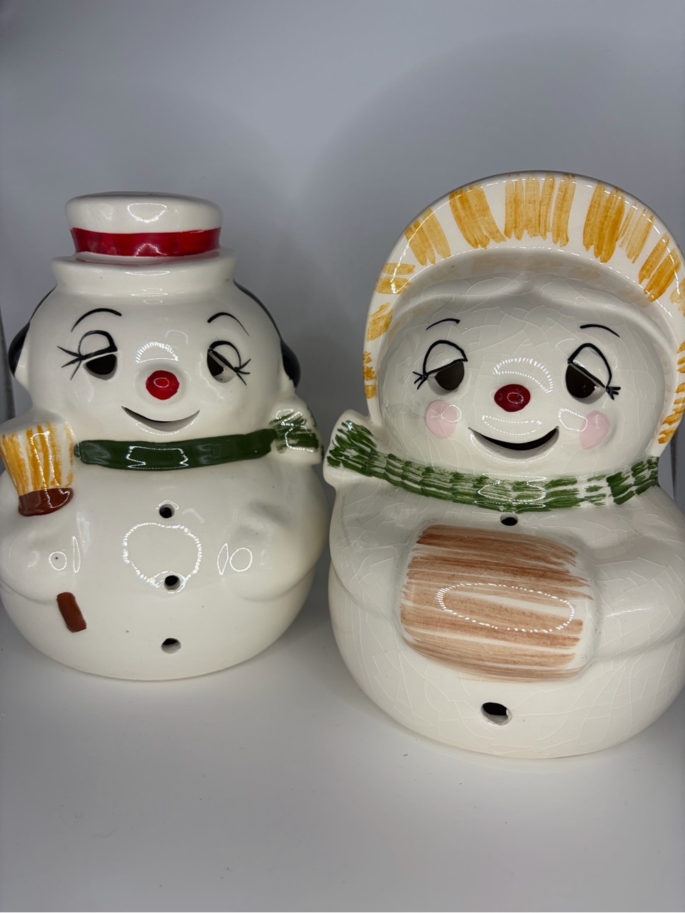 Vintage ceramic Mr. and Mrs. Snowman Candle/ Light Cover Set